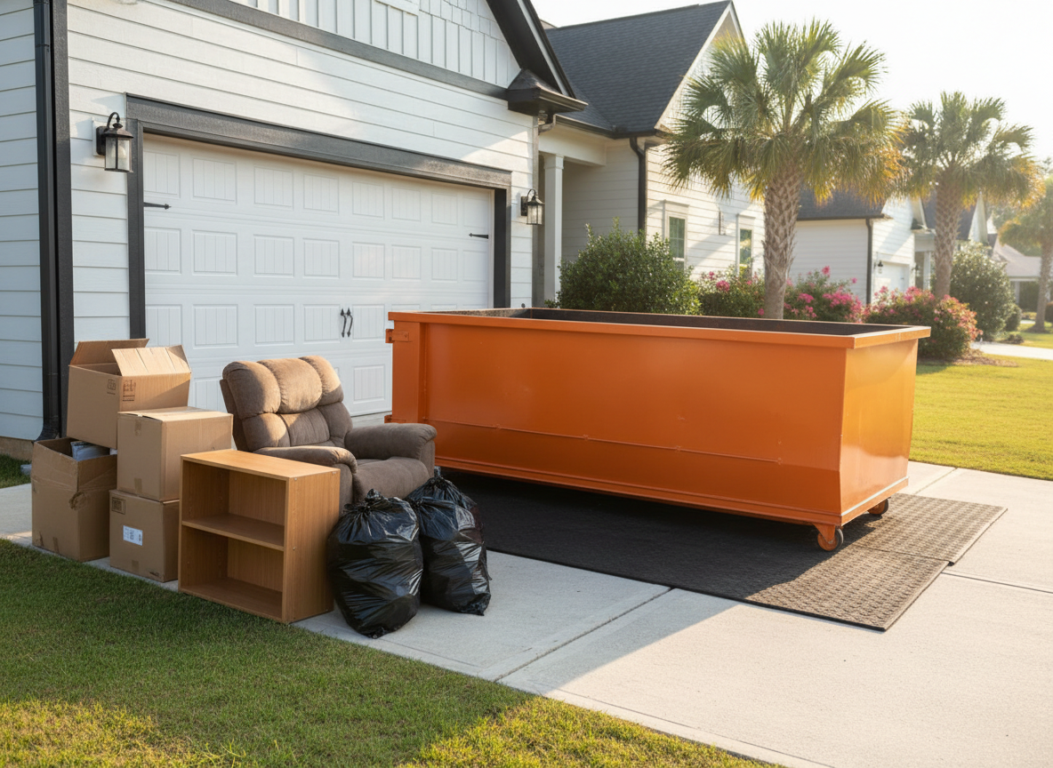 Orange dumpster beside a garage during a cleanout